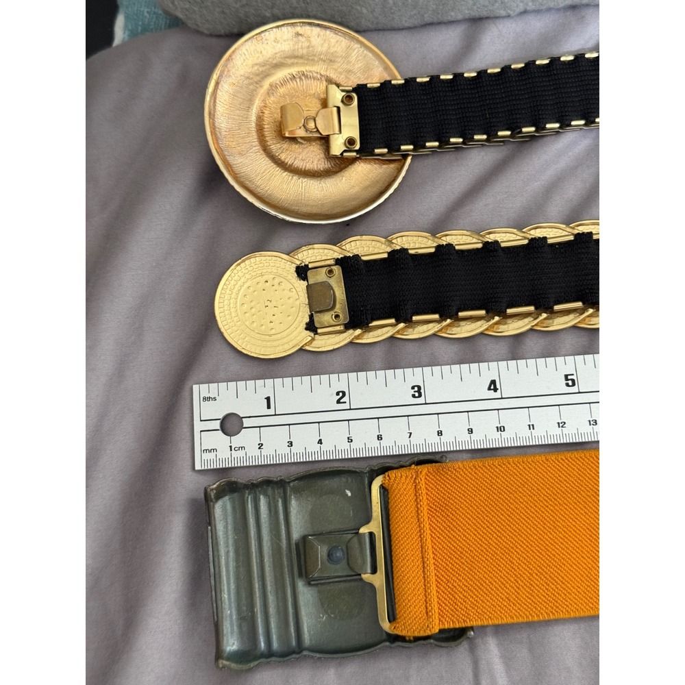 Vintage Gold Tone Metal Coin Scale Link and‎ Mustard Yellow Elastic Belt Set 3pc - Picture 7 of 16